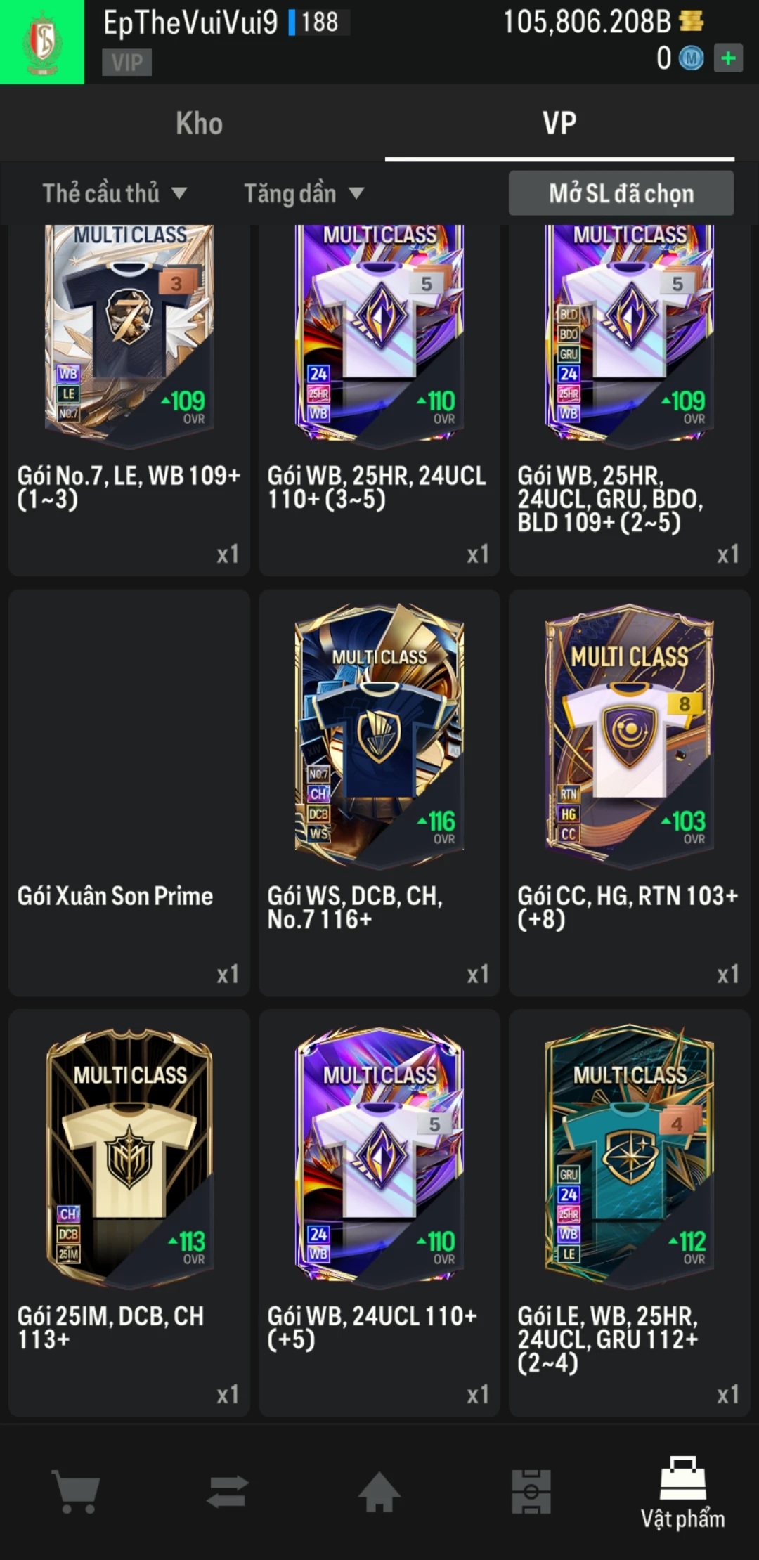 Ảnh ACC mở thẻ (LOẠI SVIP PROMAX) bao gồm có 01 thẻ +12, 03 thẻ PRIME (QH+, CP+, XS+) và hơn 1500+ đến 1600+ thẻ cầu thủ từ Siêu sao đến Miền núi các loại. Acc có sẵn BP trắng từ 90.000 tỷ BP đến 110.000 tỷ BP kèm theo nhiều ngày SVIP